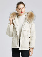 Manteau courte à capuche en fourrure de raton laveur véritable pour femmes