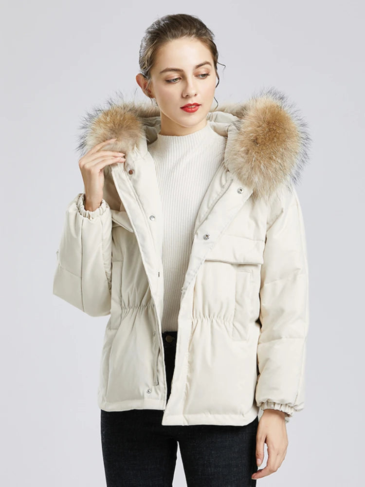 Manteau courte à capuche en fourrure de raton laveur véritable pour femmes