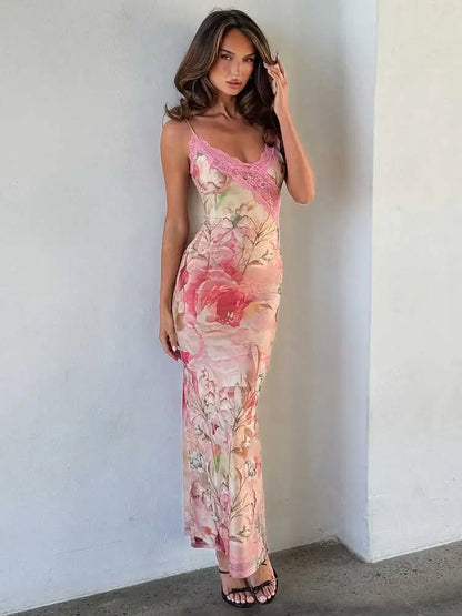 Robe Longue Femme – Dentelle Imprimée Sans Manches