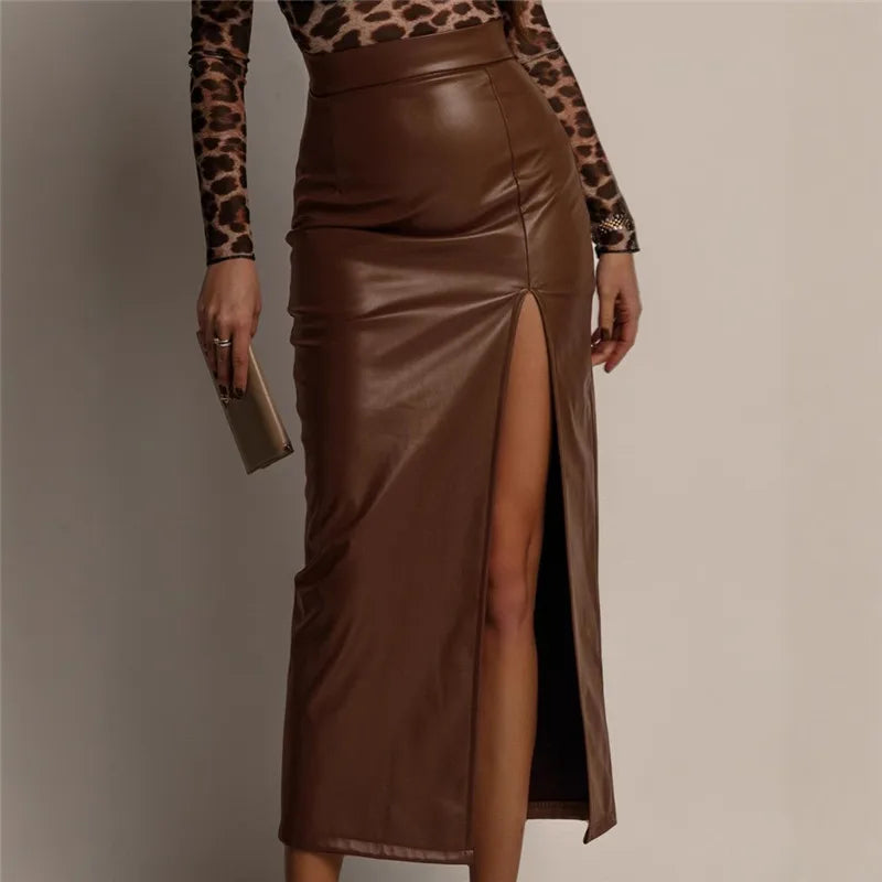 Jupe Midi Femme en Similicuir à Fente Haute