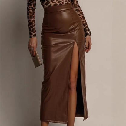 Jupe Midi Femme en Similicuir à Fente Haute