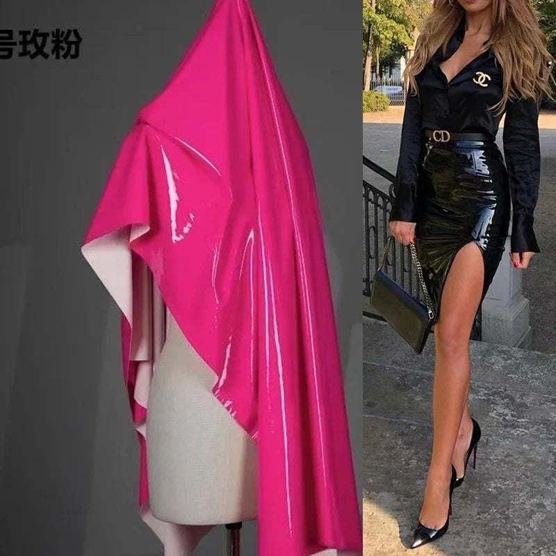 Jupe Crayon Taille Haute en Similicuir avec Fente