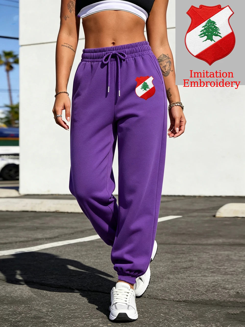 Pantalon de jogging décontracté en molleton imprimé emblème du Liban pour femmes