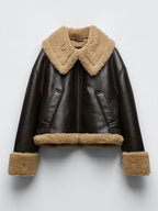 Manteau en faux cuir PU et fourrure de mouton pour femmes