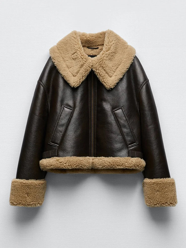 Manteau en faux cuir PU et fourrure de mouton pour femmes