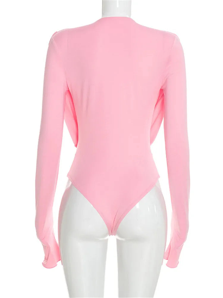Body Femme Drapé à Col V et Manches Longues