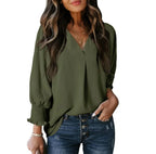 Chemise à col en V et manches longues lanterne pour femmes
