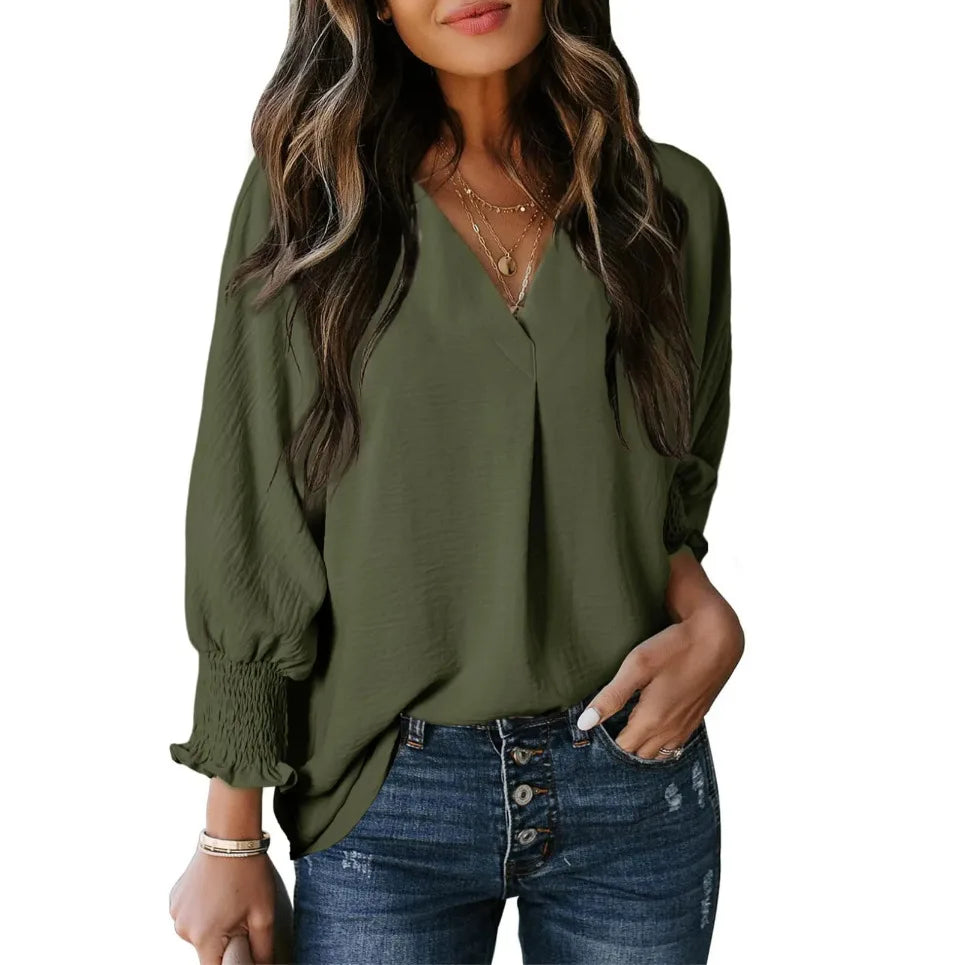 Chemise à col en V et manches longues lanterne pour femmes
