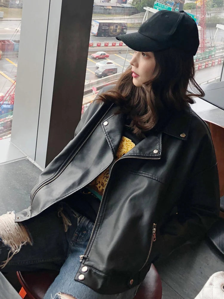 Veste motard femme noire en simili cuir