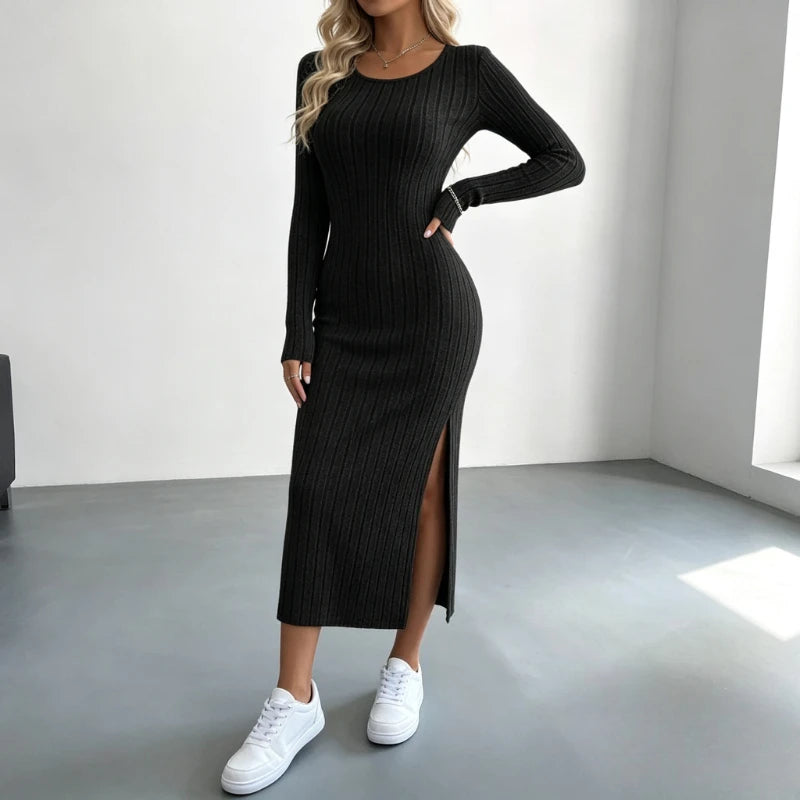 Robe en Maille Côtelée Femme – Col Rond et Fente Latérale