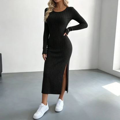 Robe en Maille Côtelée Femme – Col Rond et Fente Latérale