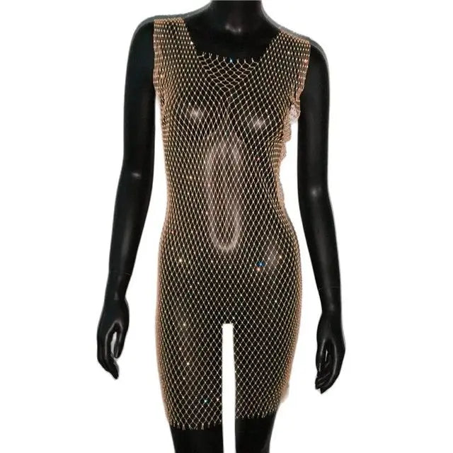 Robe de soirée en résille scintillante, strass, paillettes pour femmes
