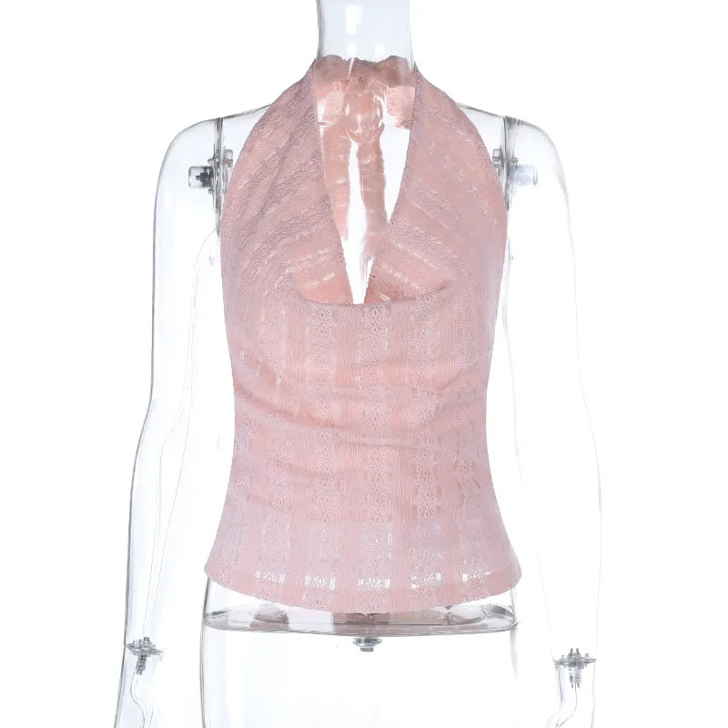 Top dos nu rose à col en V et lacets pour femmes