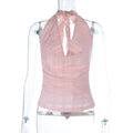 Top dos nu rose à col en V et lacets pour femmes