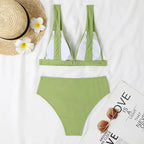 Maillot de bain deux pièces à rayures, couleur unie, petite fente, taille haute, col en v, bikini, pour femmes