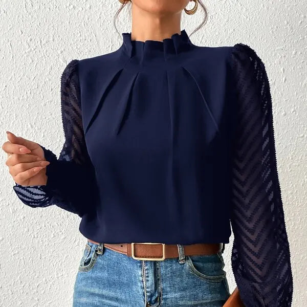Chemise en dentelle plissée et manches longues pour femmes