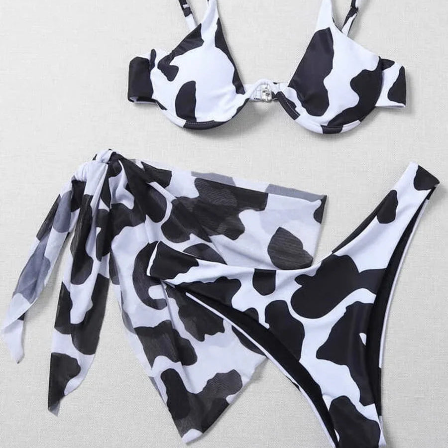 Maillot de bain trois pièces Push Up imprimé marbre, col en v, à armatures, pour femmes