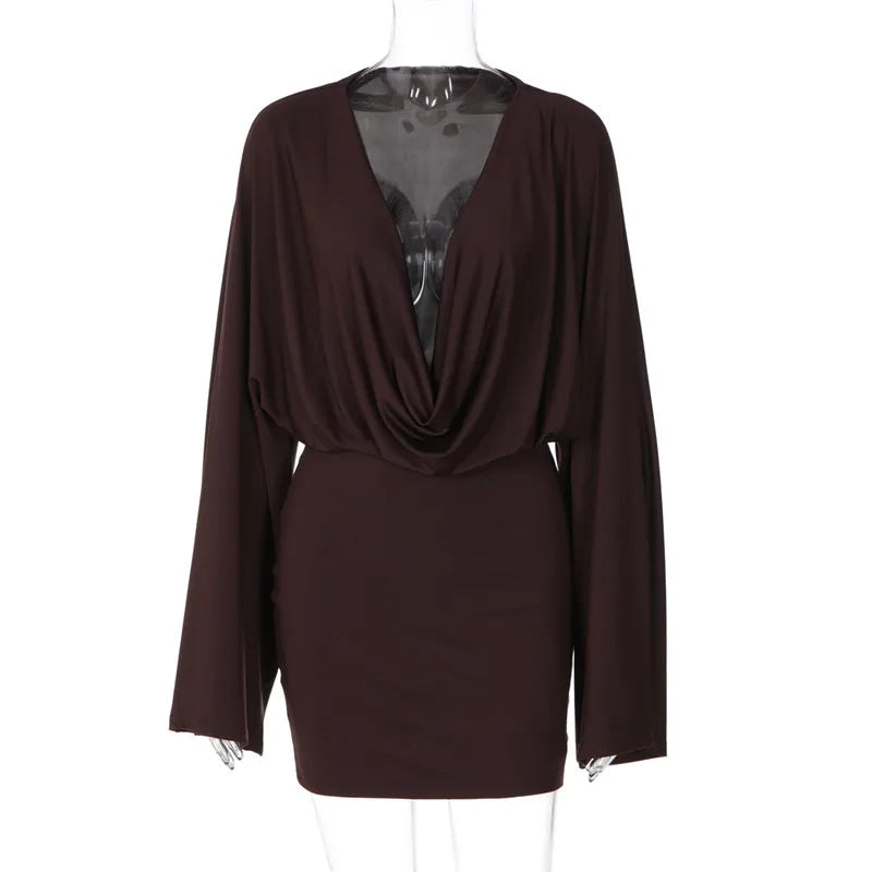 Robe fourreau femme marron à col volanté