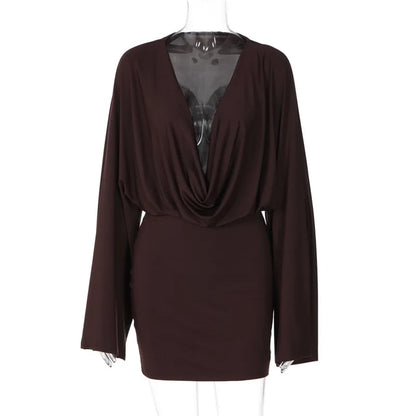 Robe fourreau femme marron à col volanté
