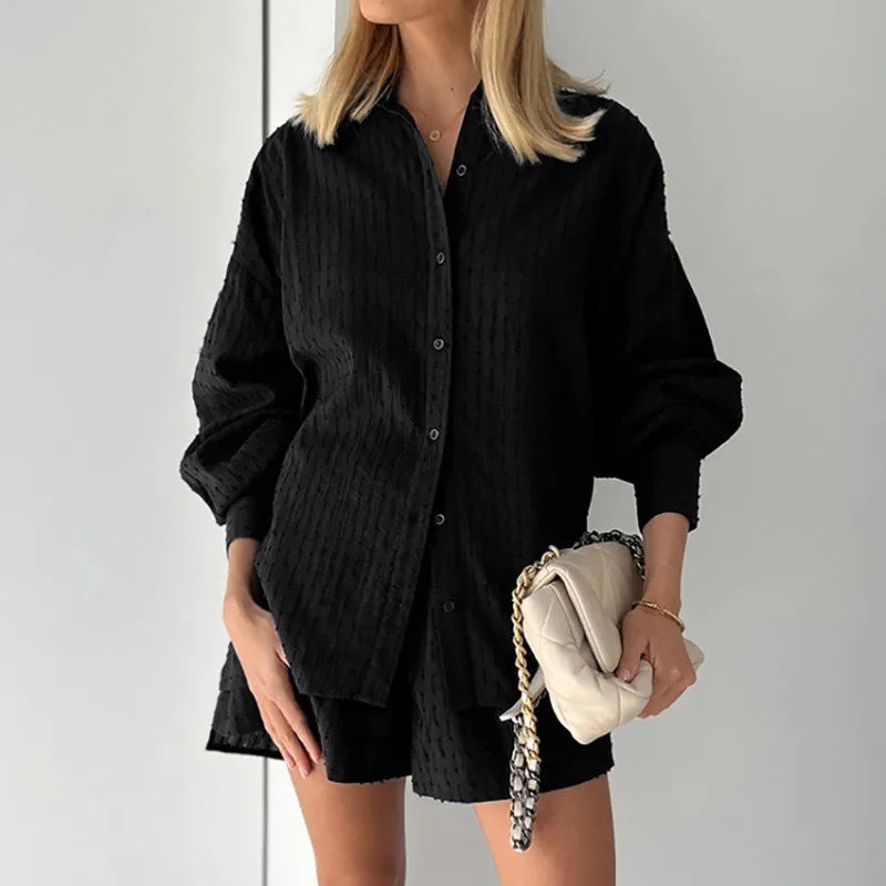Ensemble deux pièces short ample et chemise élégante à manches longues pour femmes,