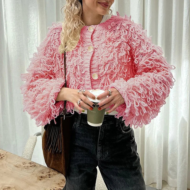Cardigan femme en maille à boutons et franges