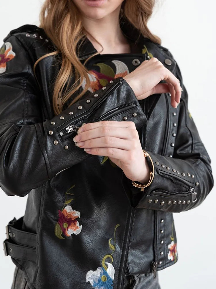 Veste courte imprimé floral vintage en similicuir pour femmes