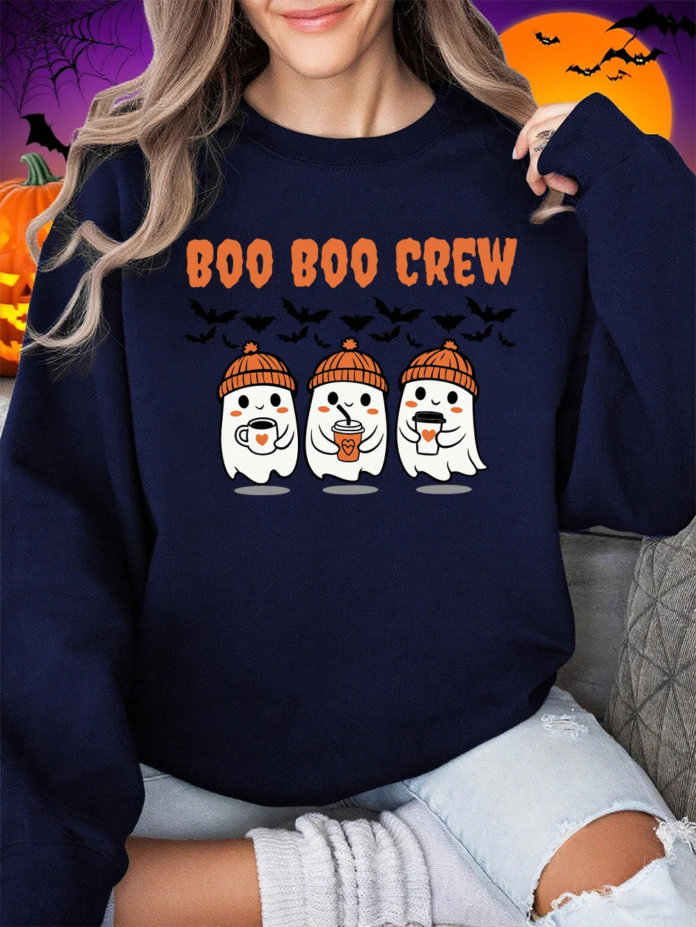 Sweat-shirt d'Halloween Boo Boo Crew à imprimé fantôme pour femmes