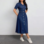 Robe longue en jean à simple boutonnage et col cranté pour femmes