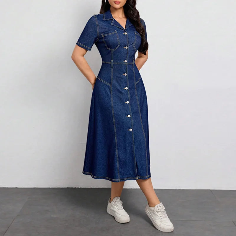 Robe longue en jean à simple boutonnage et col cranté pour femmes