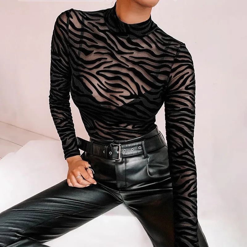 Body transparente en maille à manches longues pour femmes