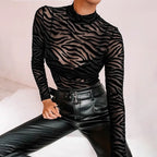 Body transparente en maille à manches longues pour femmes