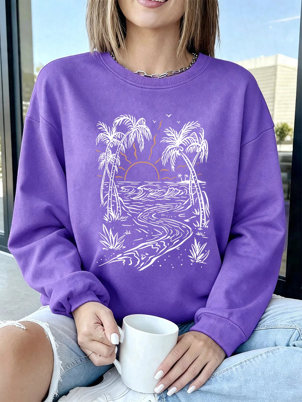 Sweat-shirts imprimés cocotiers et plage pour femmes