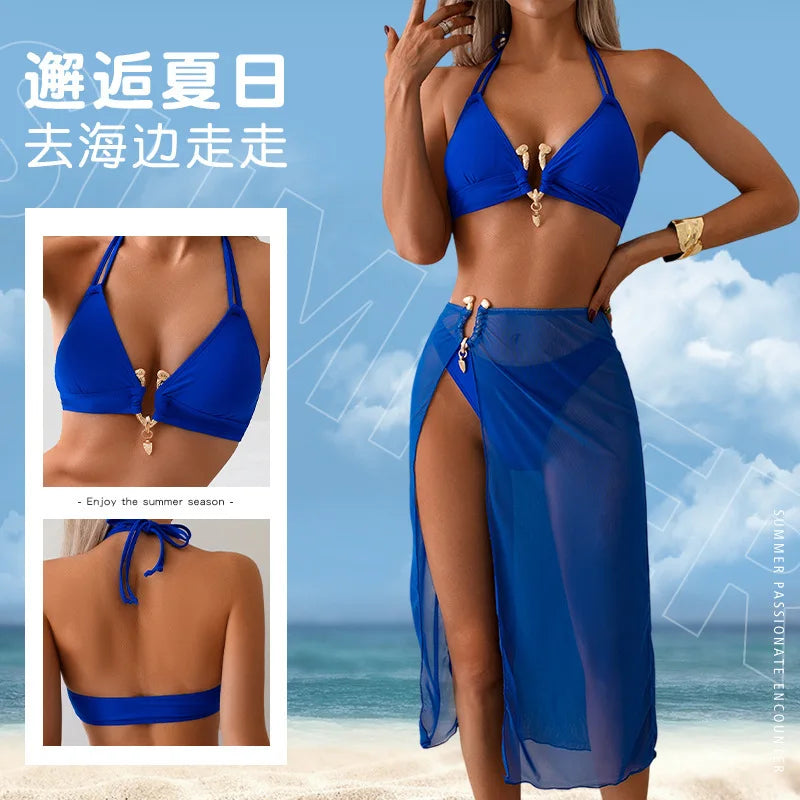 Maillot de bain bikini trois pièces avec bretelles à nouer autour du cou pour femmes