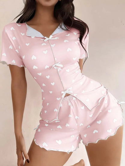 Pyjama d’Été Femme – Chemise et Short à Cœurs