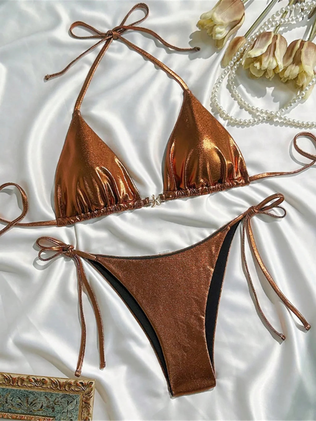 Ensemble maillot de bain deux pièces en simili cuir pour femmes