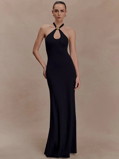Robe Longue Noire Femme – Anneau Doré Élégant