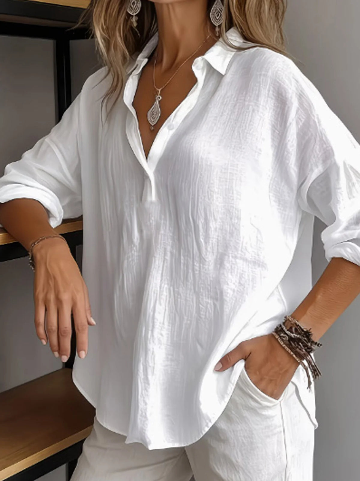 Chemise Femme – Coton-Lin, Boutons et Manches 3/4