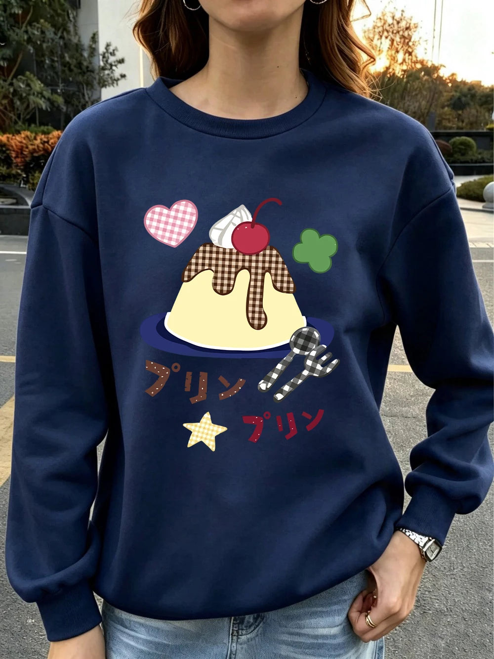 Sweat-shirts à imprimés japonais Caramel Pudding pour femmes