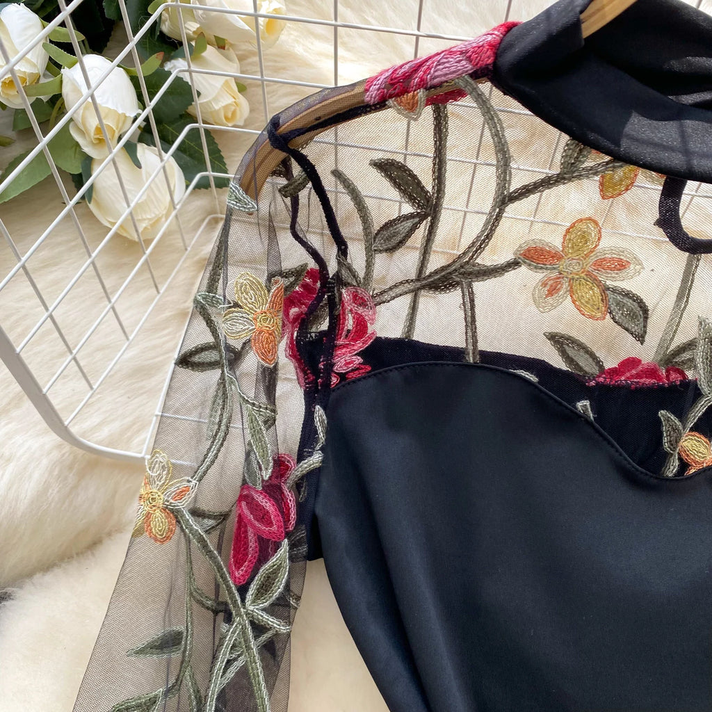 Bodys vintage broderie gaze col montant à manches longues pour femmes