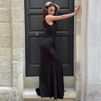Robe longue cintrée à col diagonal pour femmes