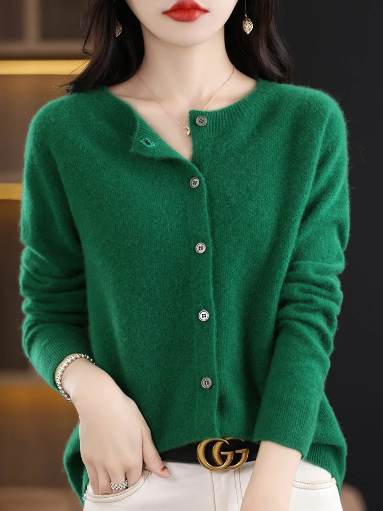 Cardigan à col rond en laine mérinos pour femmes