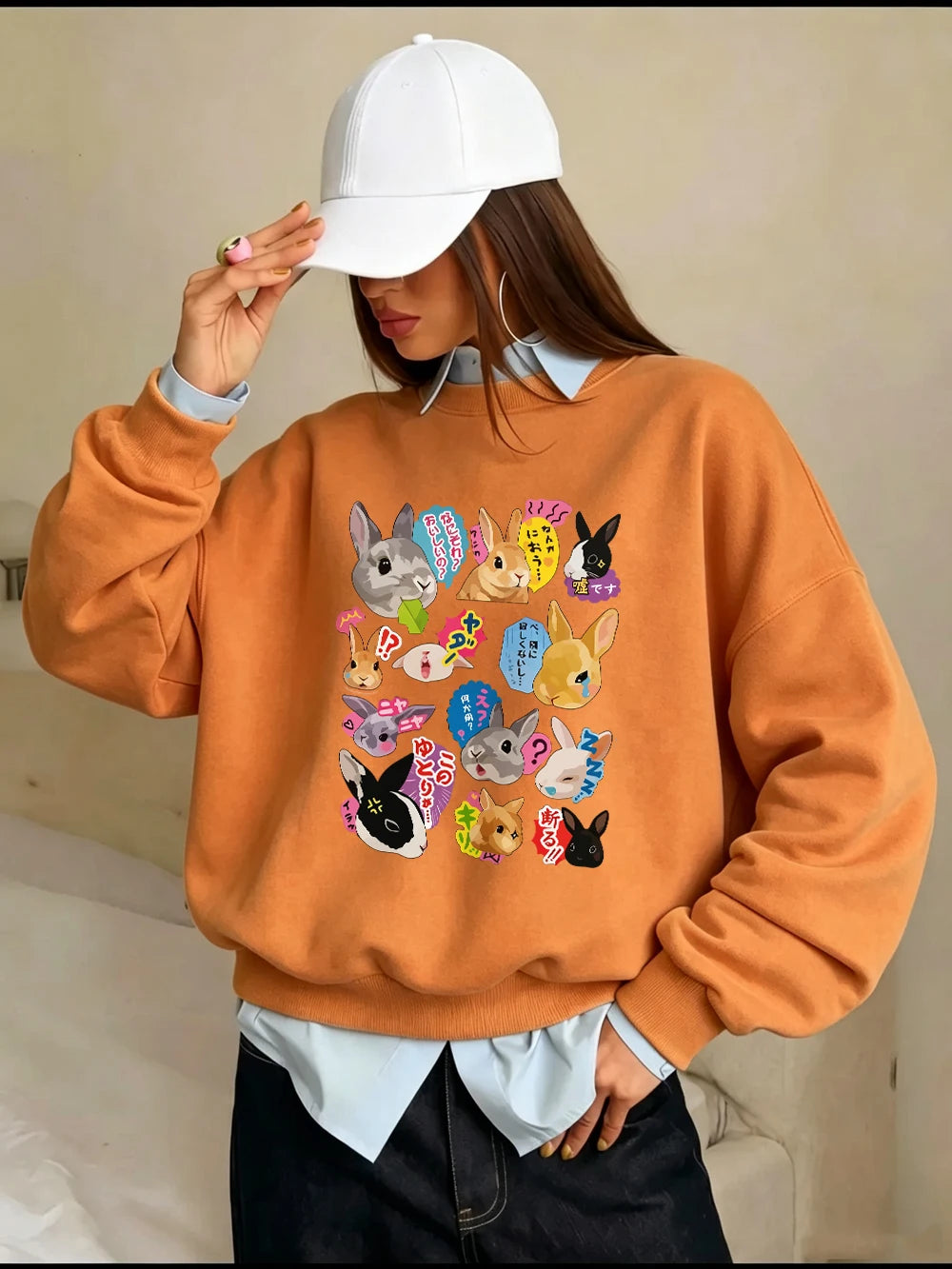 Sweat-shirts à imprimés lapins japonais pour femmes