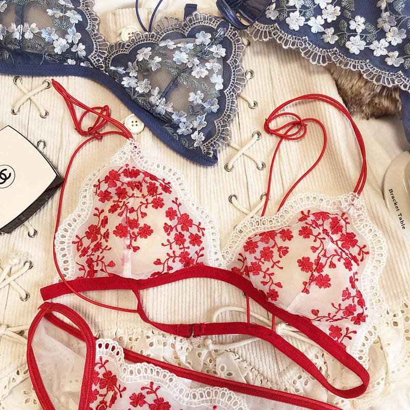Ensemble de lingerie en dentelle française brodée de fleurs pour femmes