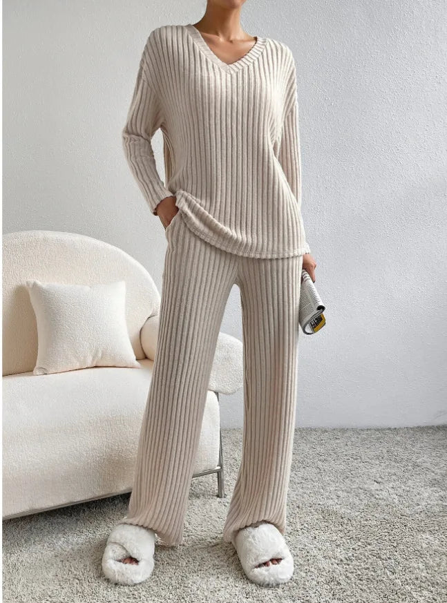 Ensembles 2 pièces pantalons décontractés à jambe droite + hauts élégants en maille à rayures  pour femmes