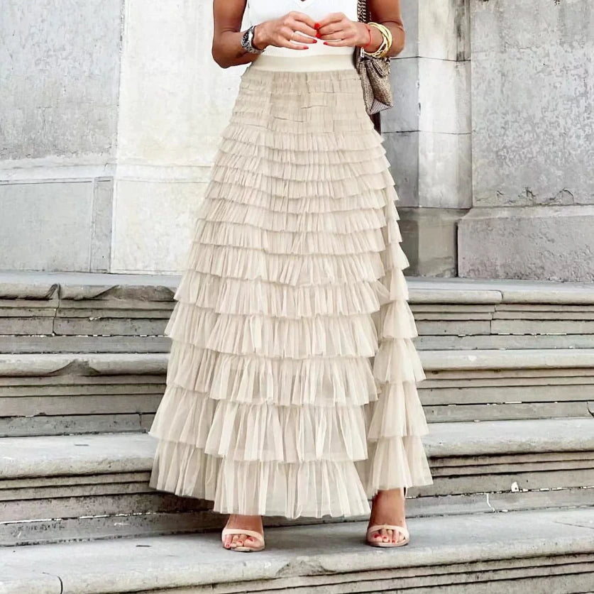 Jupe longue plissée taille haute en tulle pour femmes