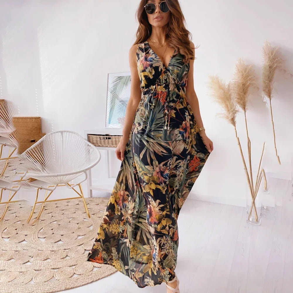 Robe maxi bohème sexy à décolleté plongeant pour femmes