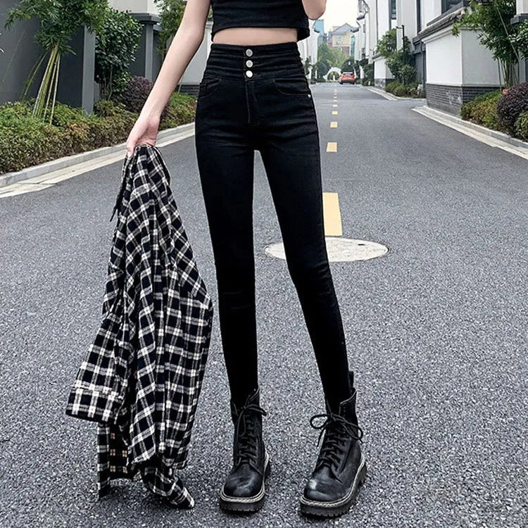 Jean slim taille haute à trois lèvent pour femmes