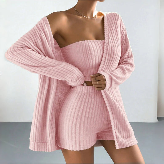 Pyjama 3 Pièces Femme – Veste, Haut Court et Short