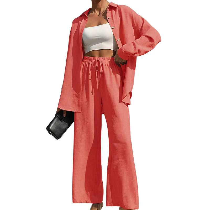 Ensemble deux pièces chemise boutonnée unie et pantalon large à nouer sur le devant pour femmes