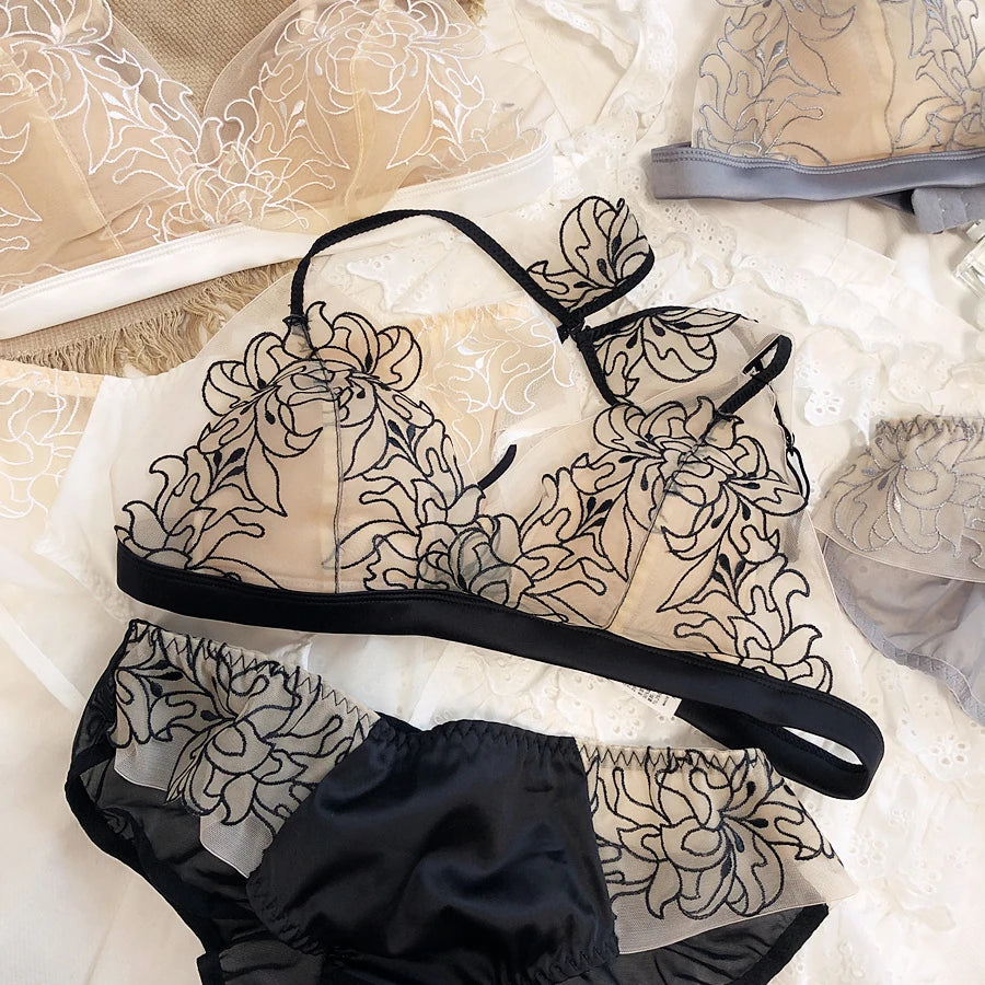 Ensemble soutien-gorge brodé en dentelle français et culotte pour femmes